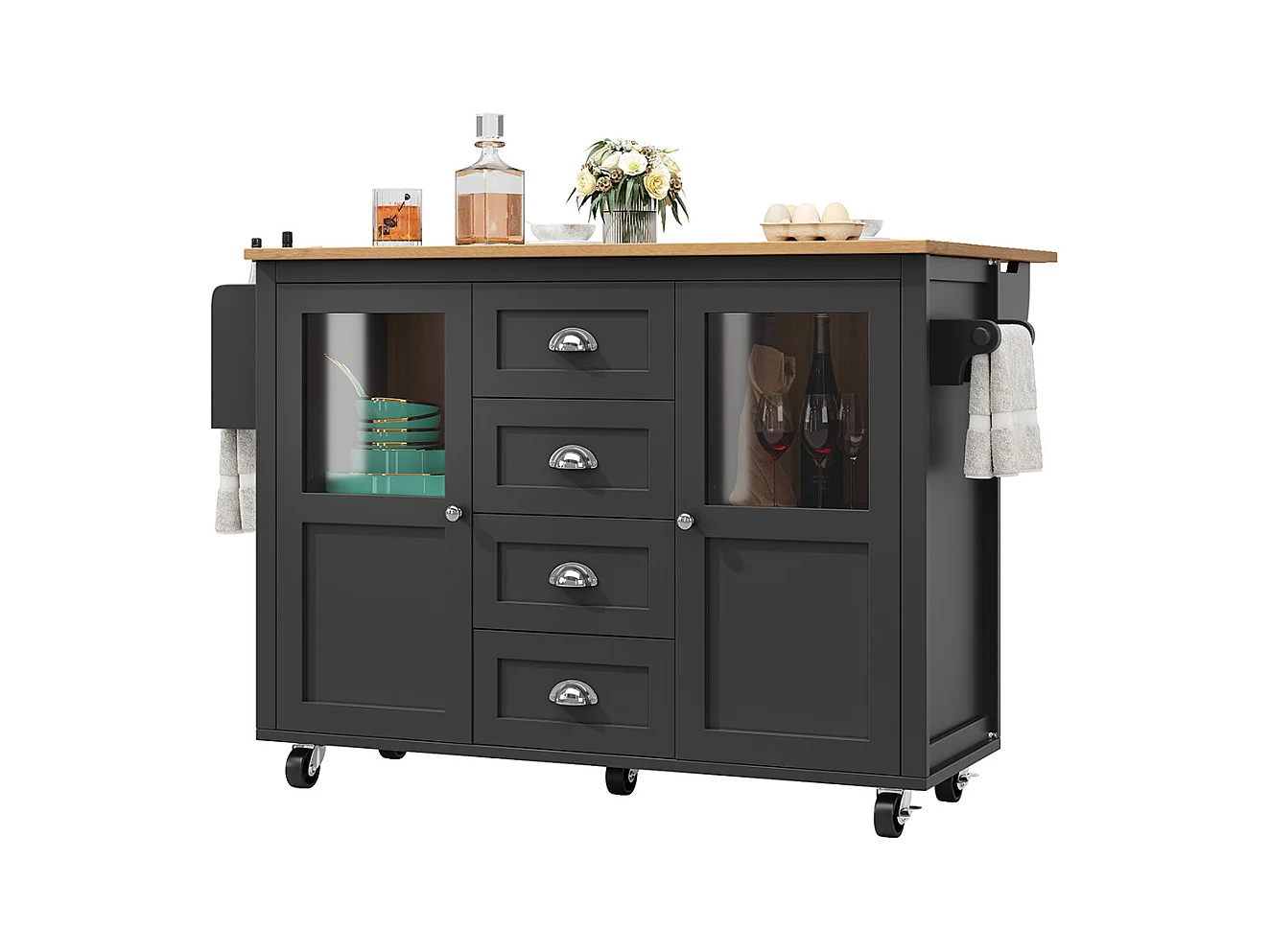 Buffet de cuisine îlot de cuisine chariot cuisine coulissant roulettes porte-serviettes étagère épices tablettes réglables 2 portes 4 tiroirs noir