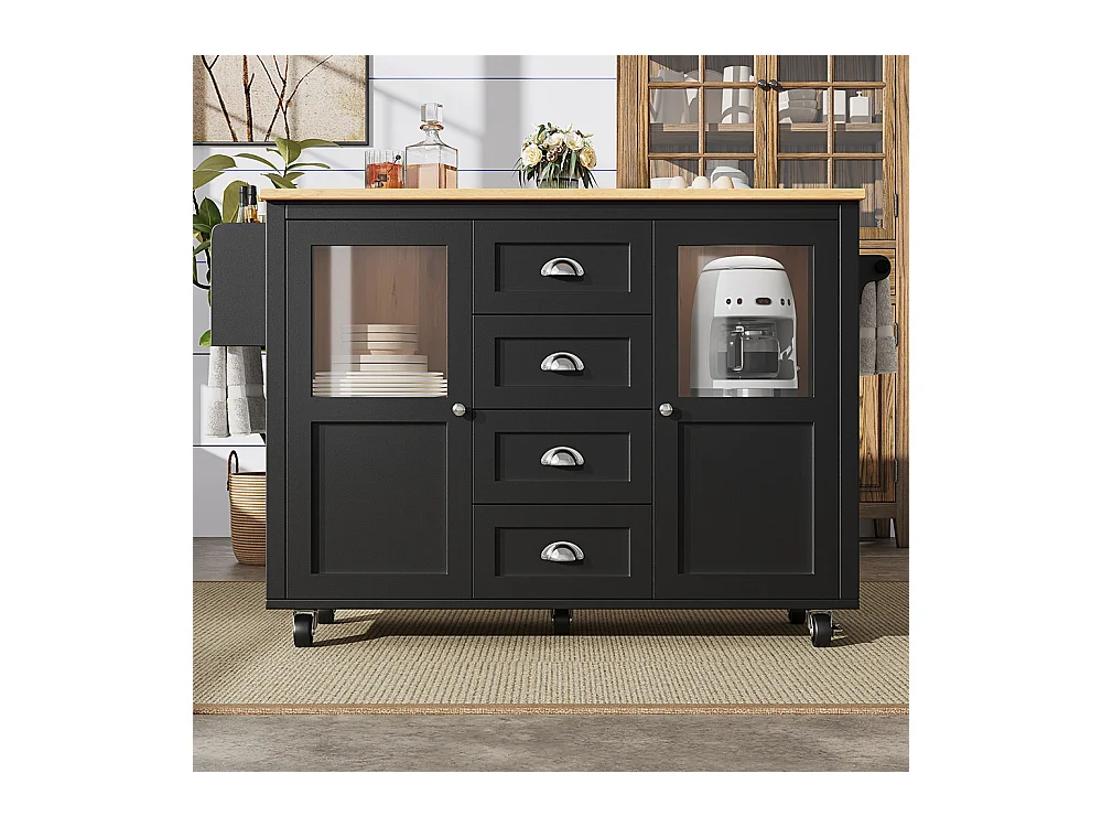Buffet de cuisine îlot de cuisine chariot cuisine coulissant roulettes porte-serviettes étagère épices tablettes réglables 2 portes 4 tiroirs noir