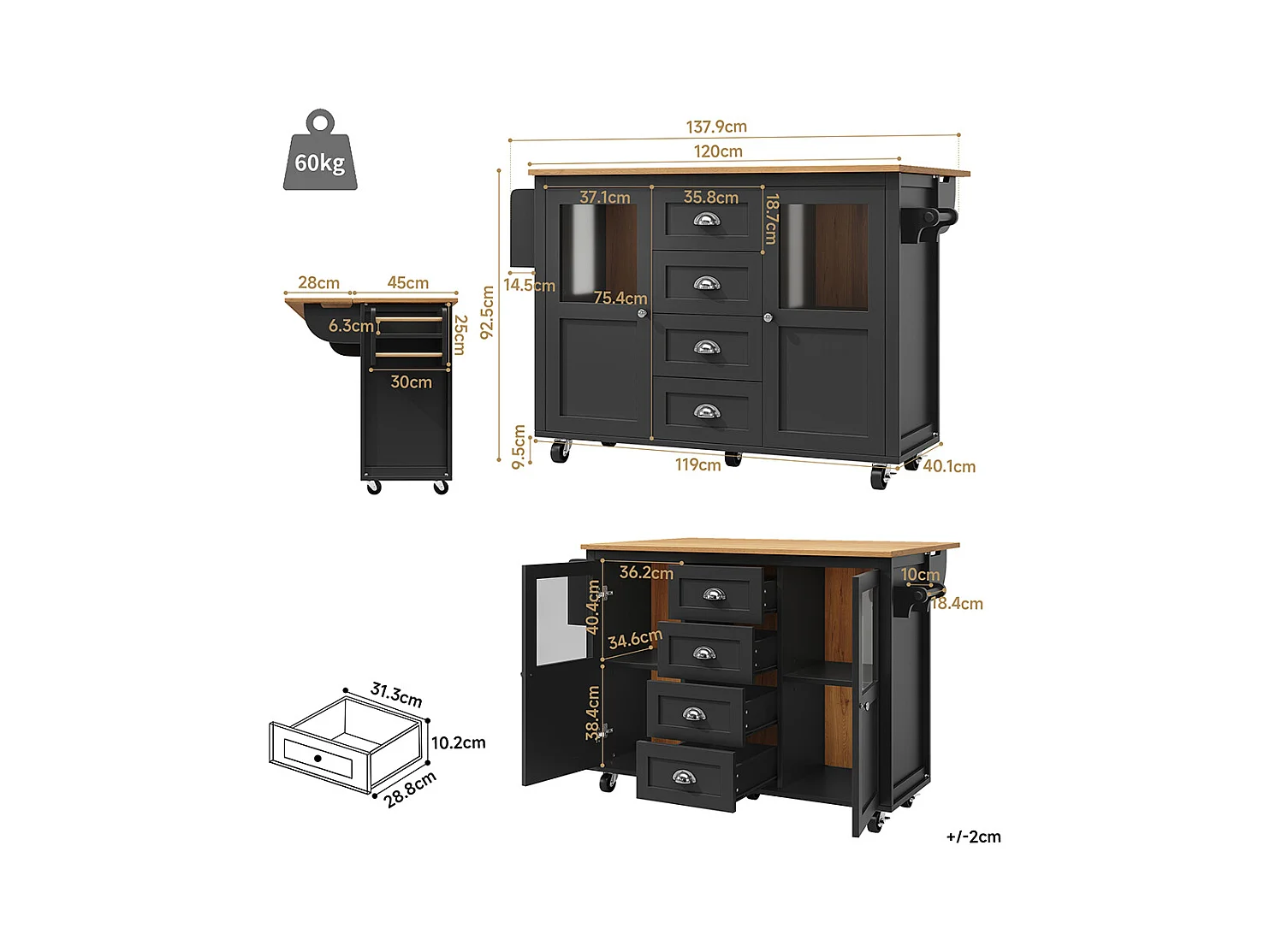 Buffet de cuisine îlot de cuisine chariot cuisine coulissant roulettes porte-serviettes étagère épices tablettes réglables 2 portes 4 tiroirs noir