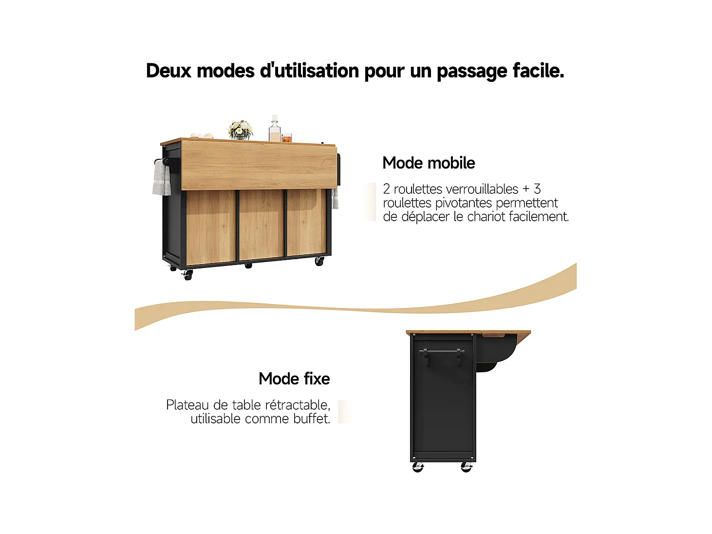 Buffet de cuisine îlot de cuisine chariot cuisine coulissant roulettes porte-serviettes étagère épices tablettes réglables 2 portes 4 tiroirs noir