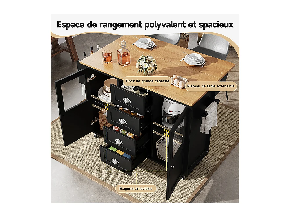 Buffet de cuisine îlot de cuisine chariot cuisine coulissant roulettes porte-serviettes étagère épices tablettes réglables 2 portes 4 tiroirs noir