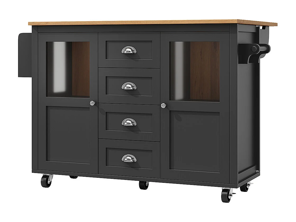 Buffet de cuisine îlot de cuisine chariot cuisine coulissant roulettes porte-serviettes étagère épices tablettes réglables 2 portes 4 tiroirs noir
