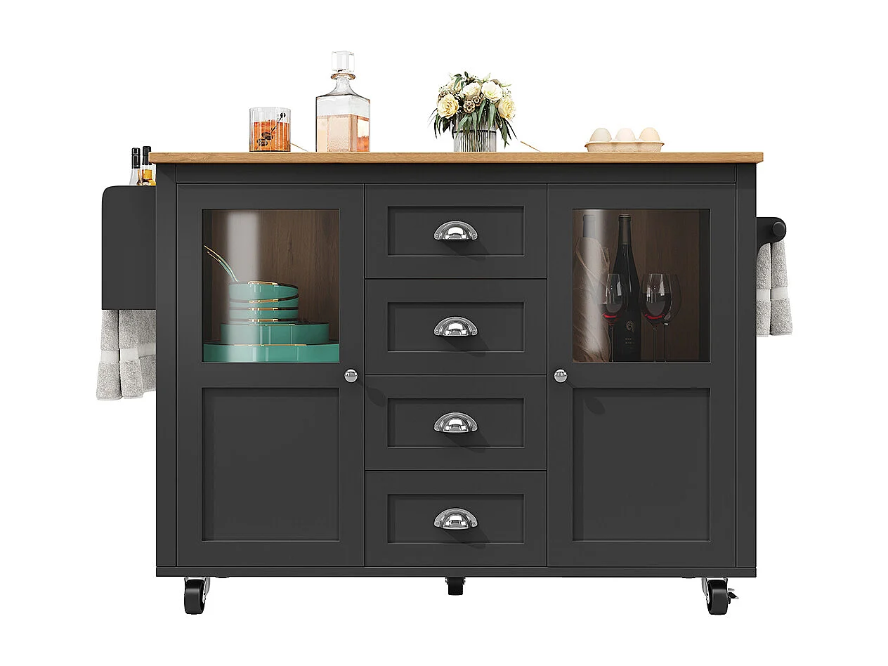 Buffet de cuisine îlot de cuisine chariot cuisine coulissant roulettes porte-serviettes étagère épices tablettes réglables 2 portes 4 tiroirs noir