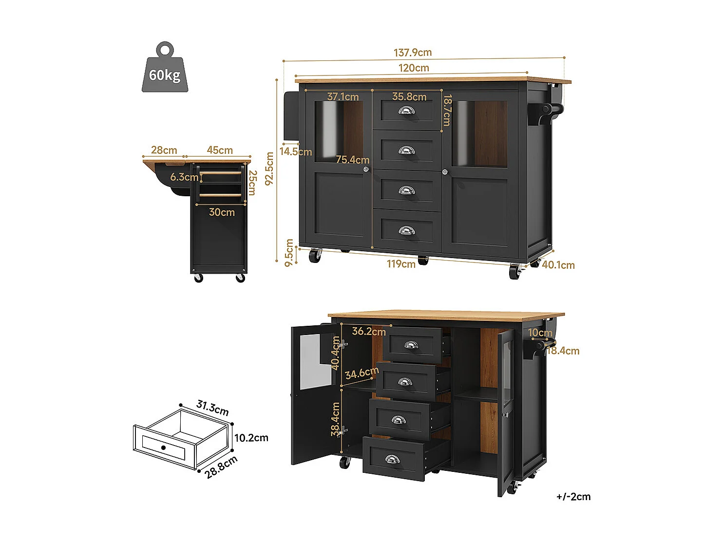 Buffet de cuisine îlot de cuisine chariot cuisine coulissant roulettes porte-serviettes étagère épices tablettes réglables 2 portes 4 tiroirs noir