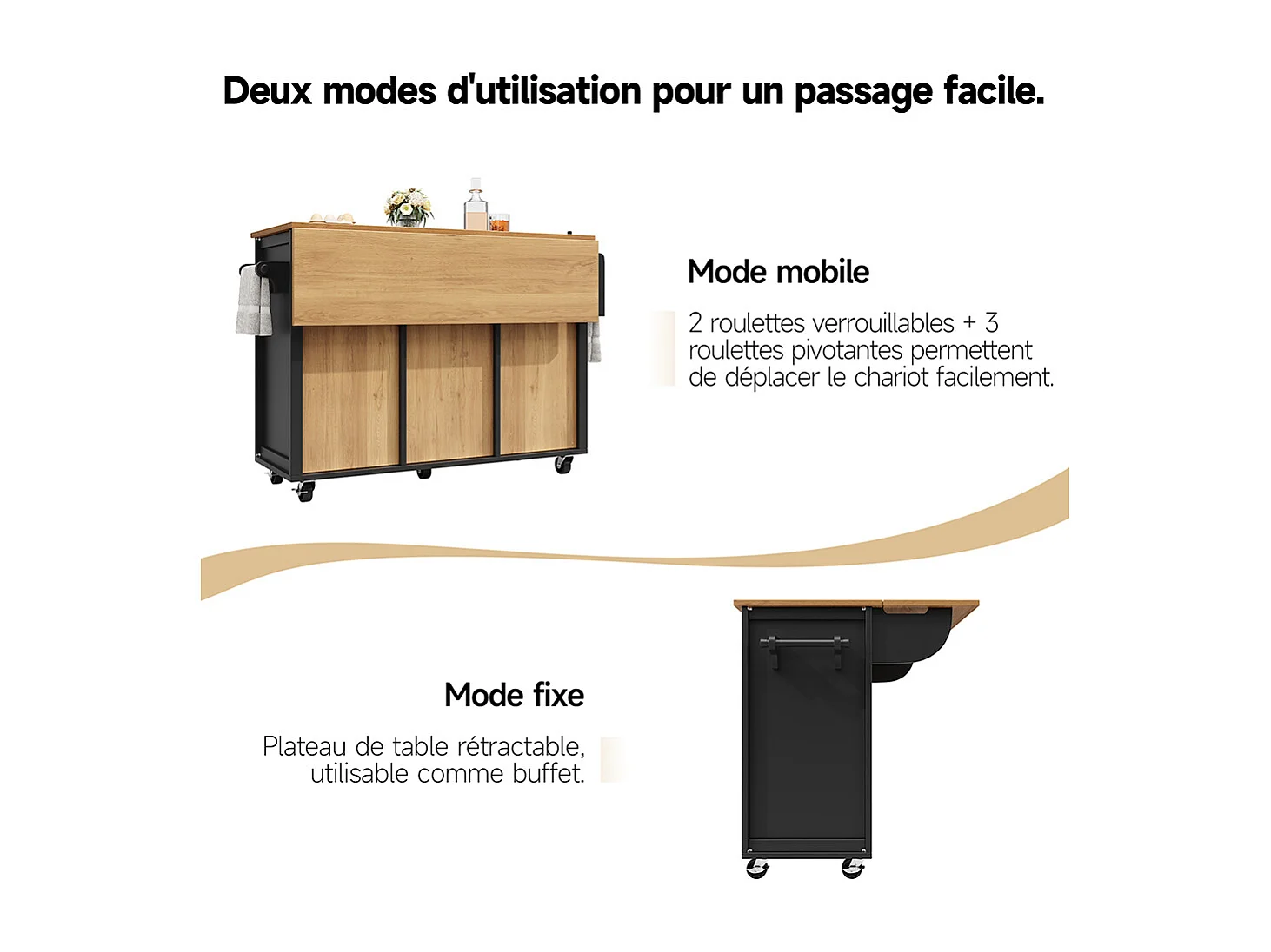 Buffet de cuisine îlot de cuisine chariot cuisine coulissant roulettes porte-serviettes étagère épices tablettes réglables 2 portes 4 tiroirs noir