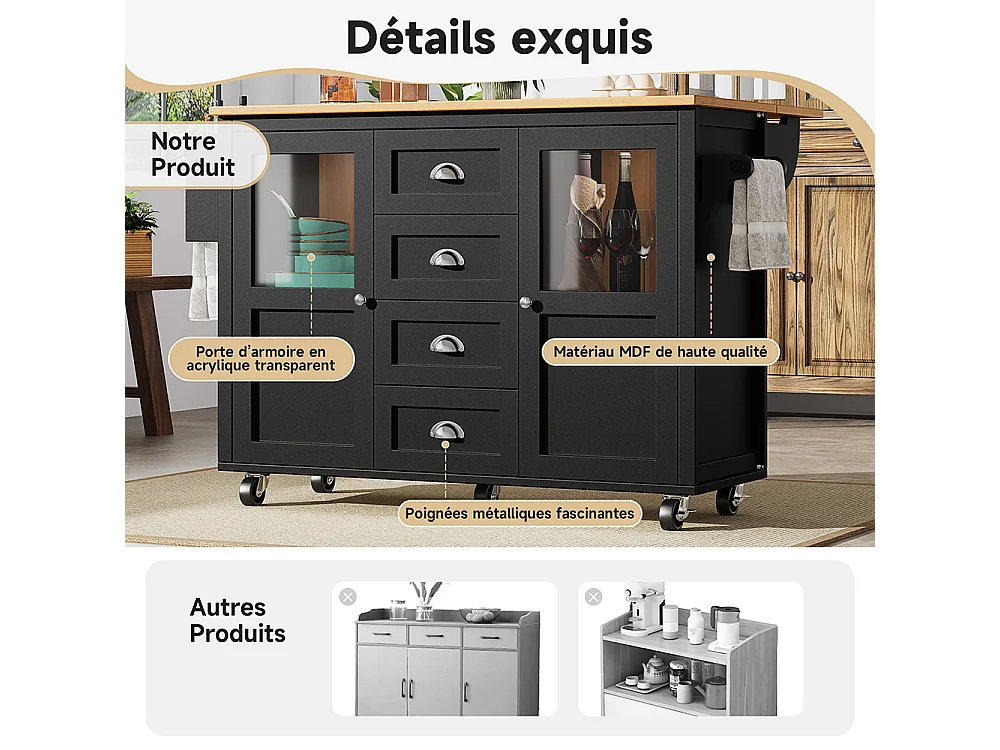 Buffet de cuisine îlot de cuisine chariot cuisine coulissant roulettes porte-serviettes étagère épices tablettes réglables 2 portes 4 tiroirs noir