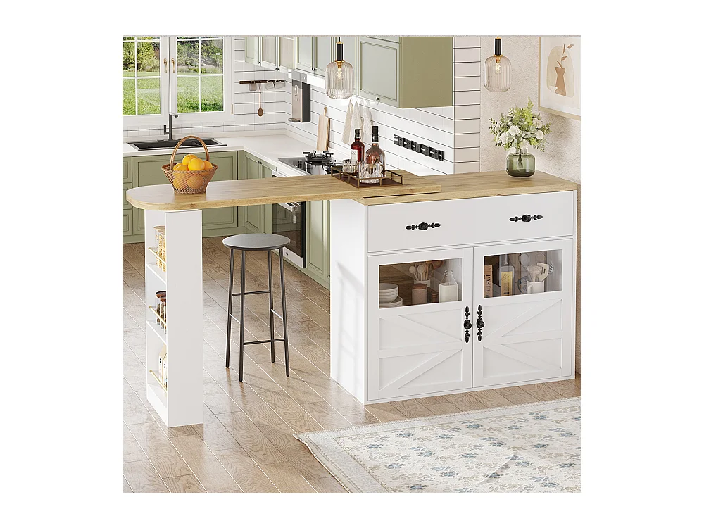 Buffet de cuisine table de bar extensible espace rangement plateau pivotant 360° moderne mobile cuisine table bistrot étagères blanc