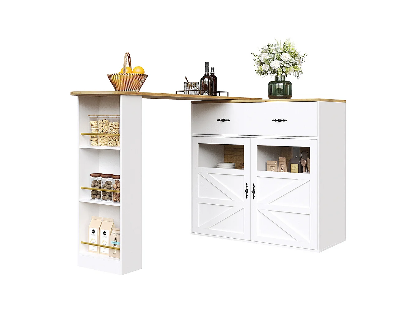 Buffet de cuisine table de bar extensible espace rangement plateau pivotant 360° moderne mobile cuisine table bistrot étagères blanc