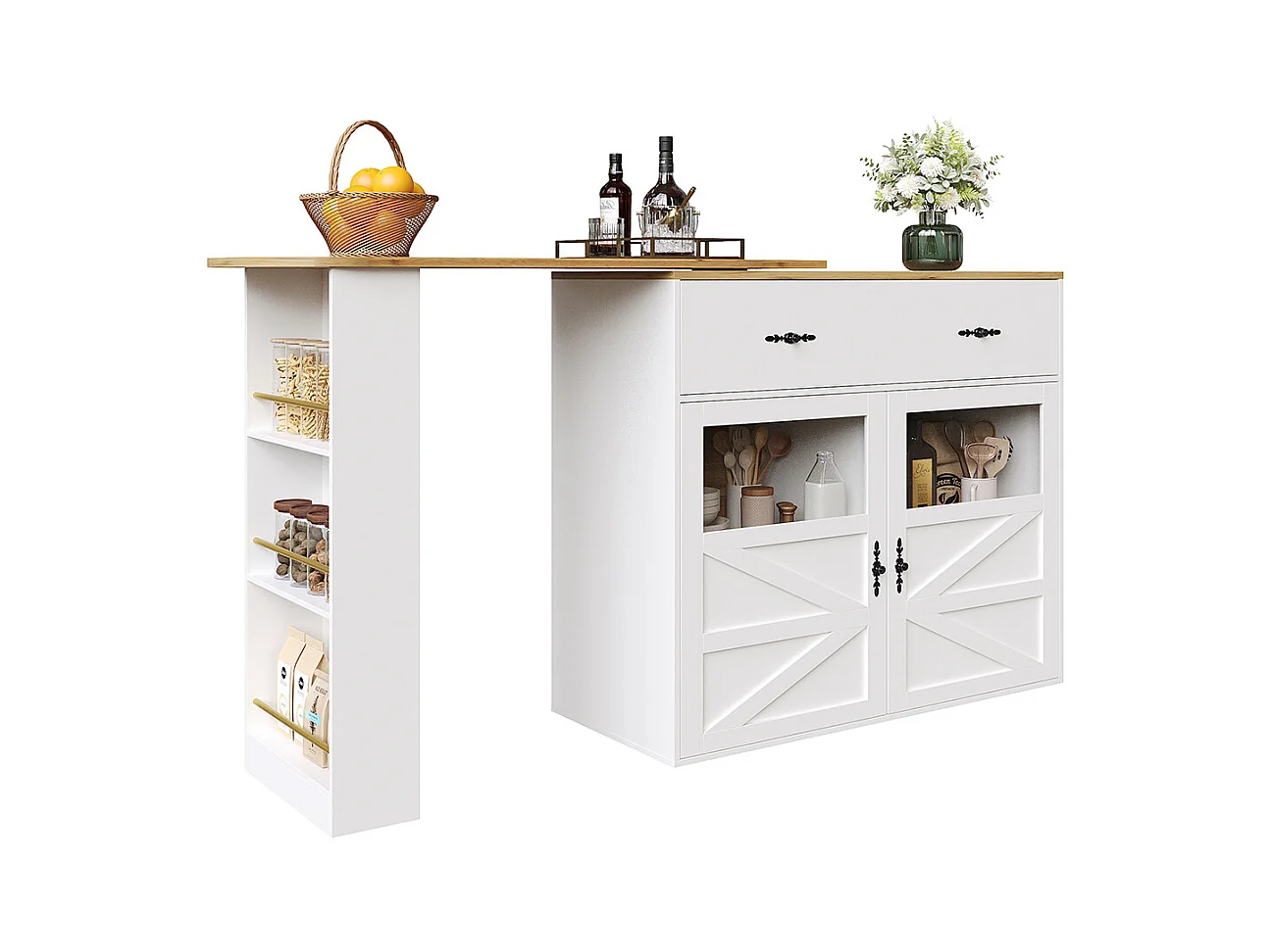 Buffet de cuisine table de bar extensible espace rangement plateau pivotant 360° moderne mobile cuisine table bistrot étagères blanc