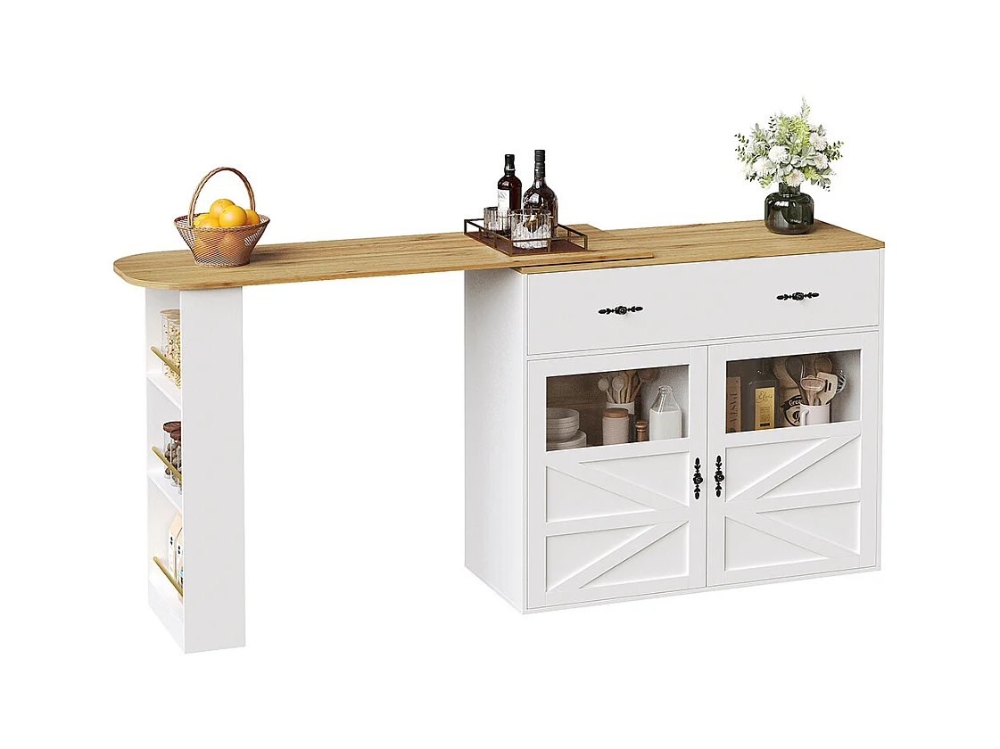 Buffet de cuisine table de bar extensible espace rangement plateau pivotant 360° moderne mobile cuisine table bistrot étagères blanc