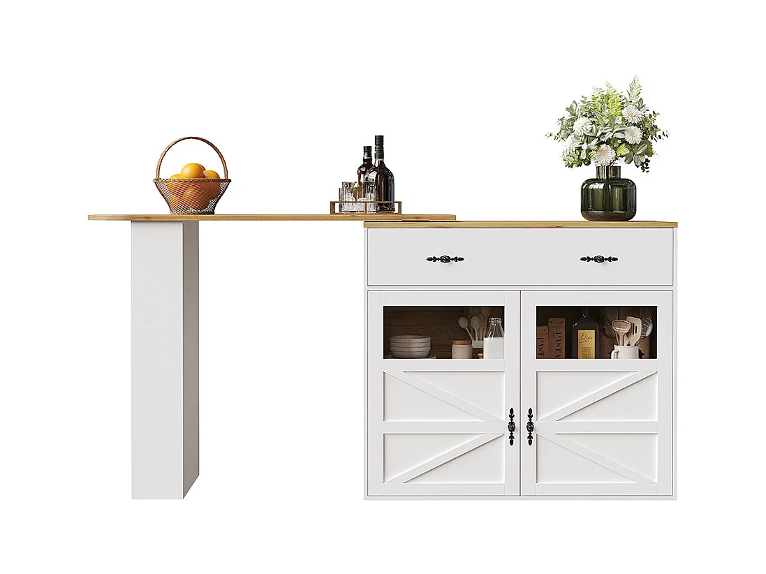 Buffet de cuisine table de bar extensible espace rangement plateau pivotant 360° moderne mobile cuisine table bistrot étagères blanc