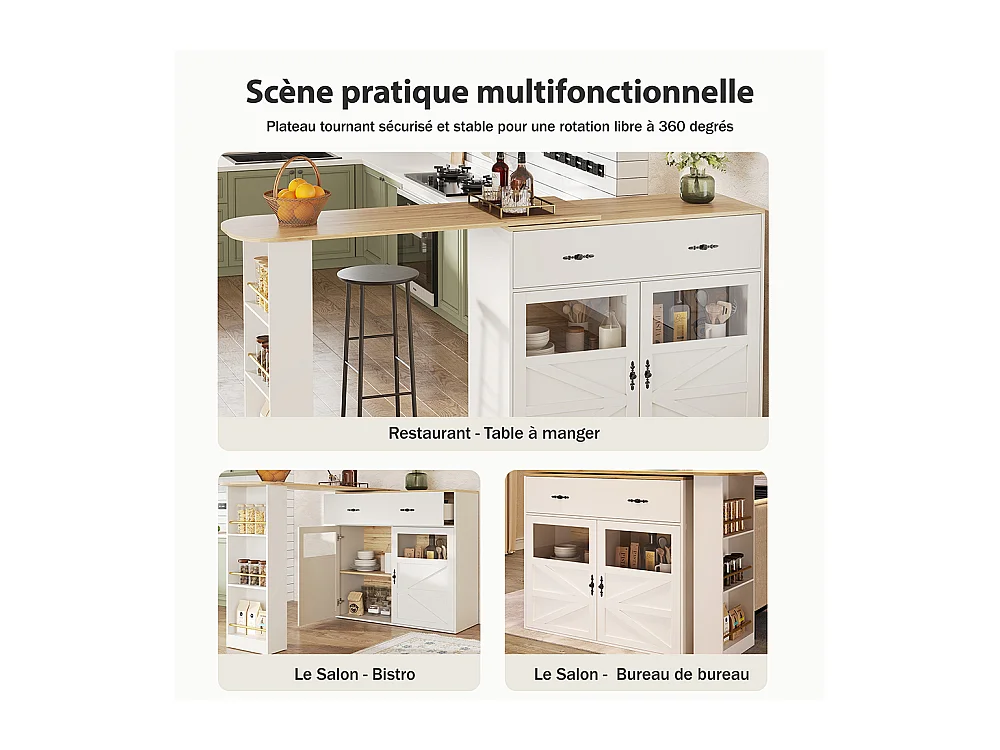 Buffet de cuisine table de bar extensible espace rangement plateau pivotant 360° moderne mobile cuisine table bistrot étagères blanc