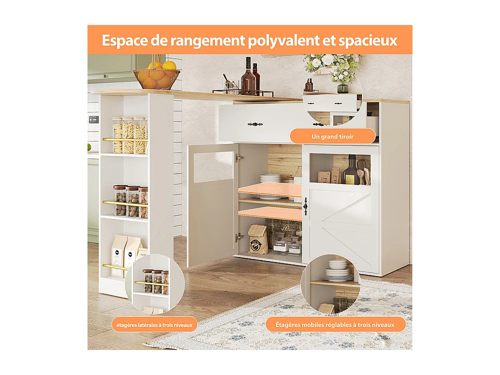 Buffet de cuisine table de bar extensible espace rangement plateau pivotant 360° moderne mobile cuisine table bistrot étagères blanc