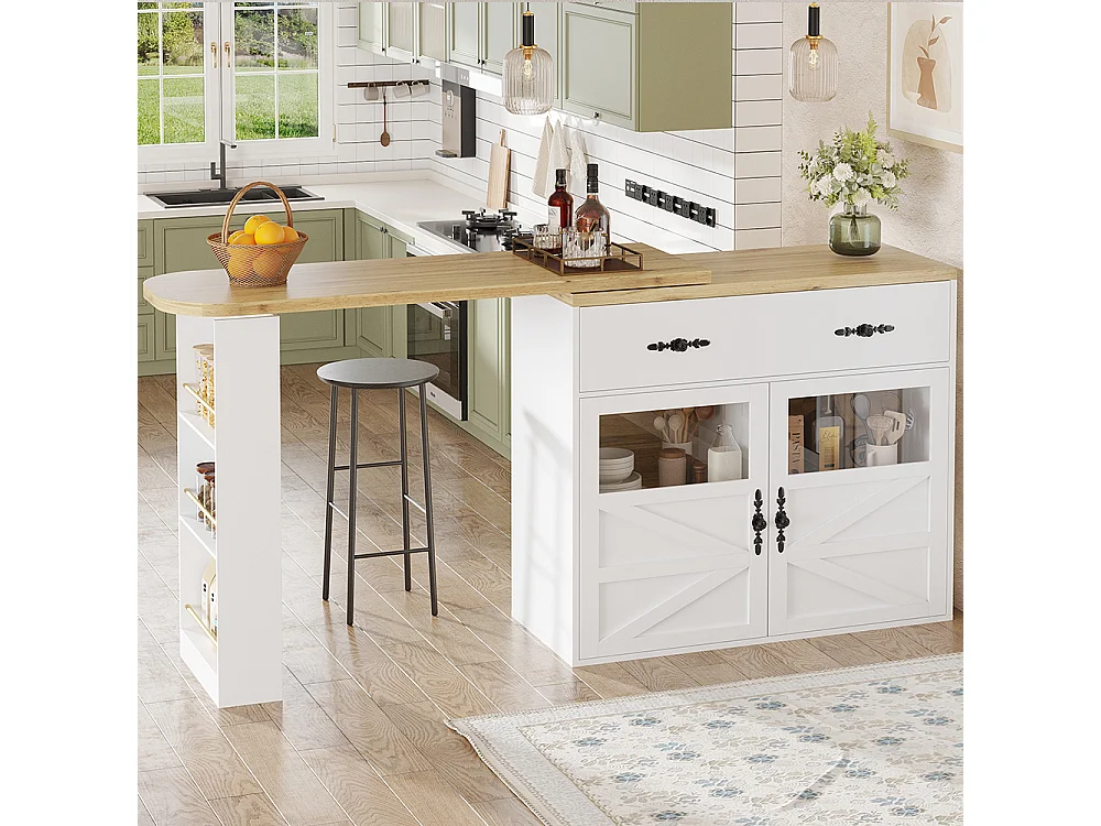 Buffet de cuisine table de bar extensible espace rangement plateau pivotant 360° moderne mobile cuisine table bistrot étagères blanc