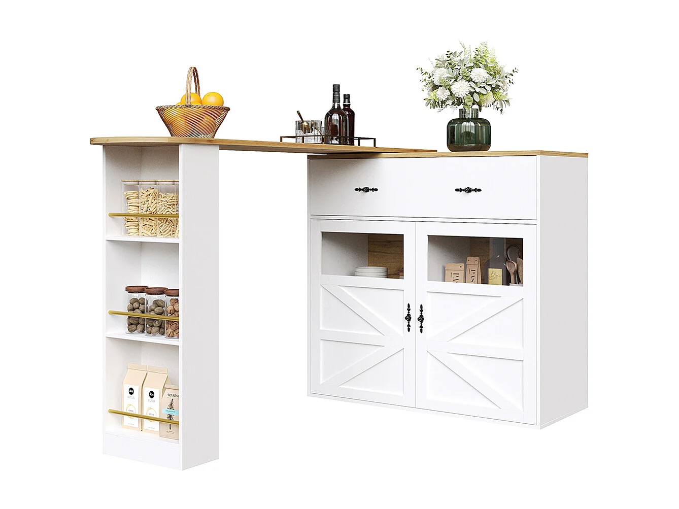 Buffet de cuisine table de bar extensible espace rangement plateau pivotant 360° moderne mobile cuisine table bistrot étagères blanc