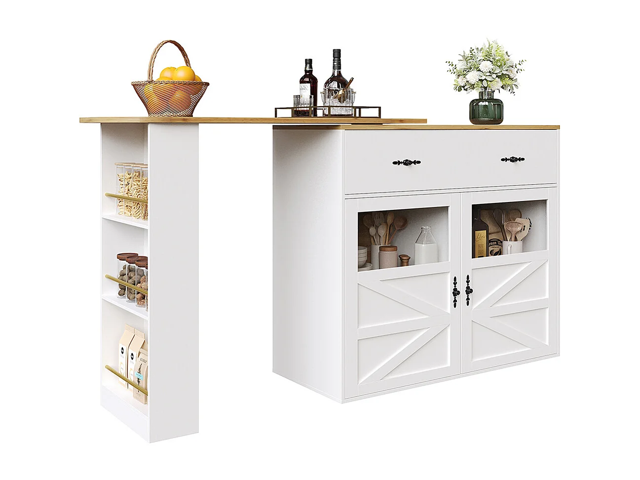 Buffet de cuisine table de bar extensible espace rangement plateau pivotant 360° moderne mobile cuisine table bistrot étagères blanc