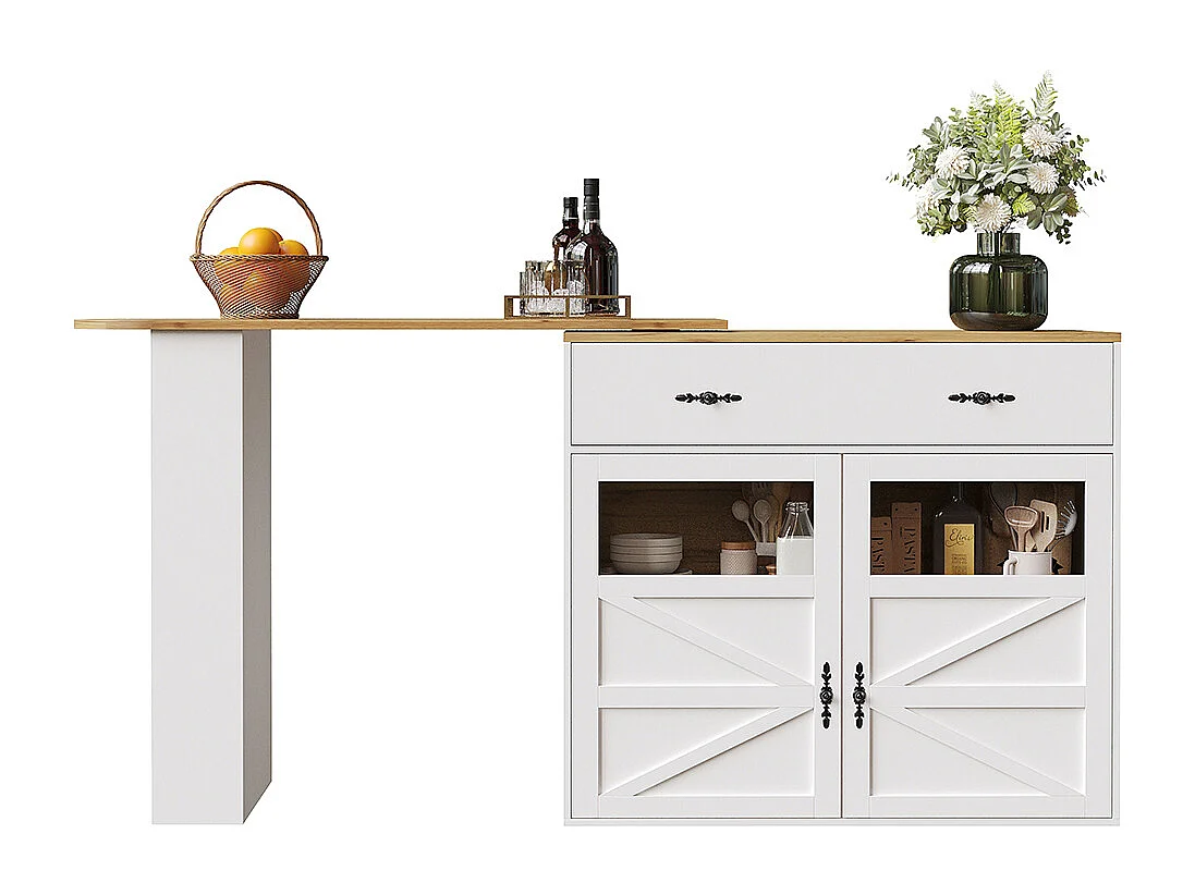 Buffet de cuisine table de bar extensible espace rangement plateau pivotant 360° moderne mobile cuisine table bistrot étagères blanc