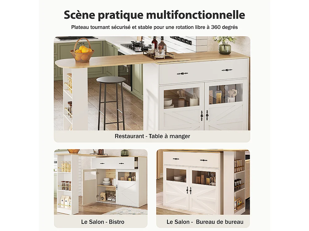 Buffet de cuisine table de bar extensible espace rangement plateau pivotant 360° moderne mobile cuisine table bistrot étagères blanc
