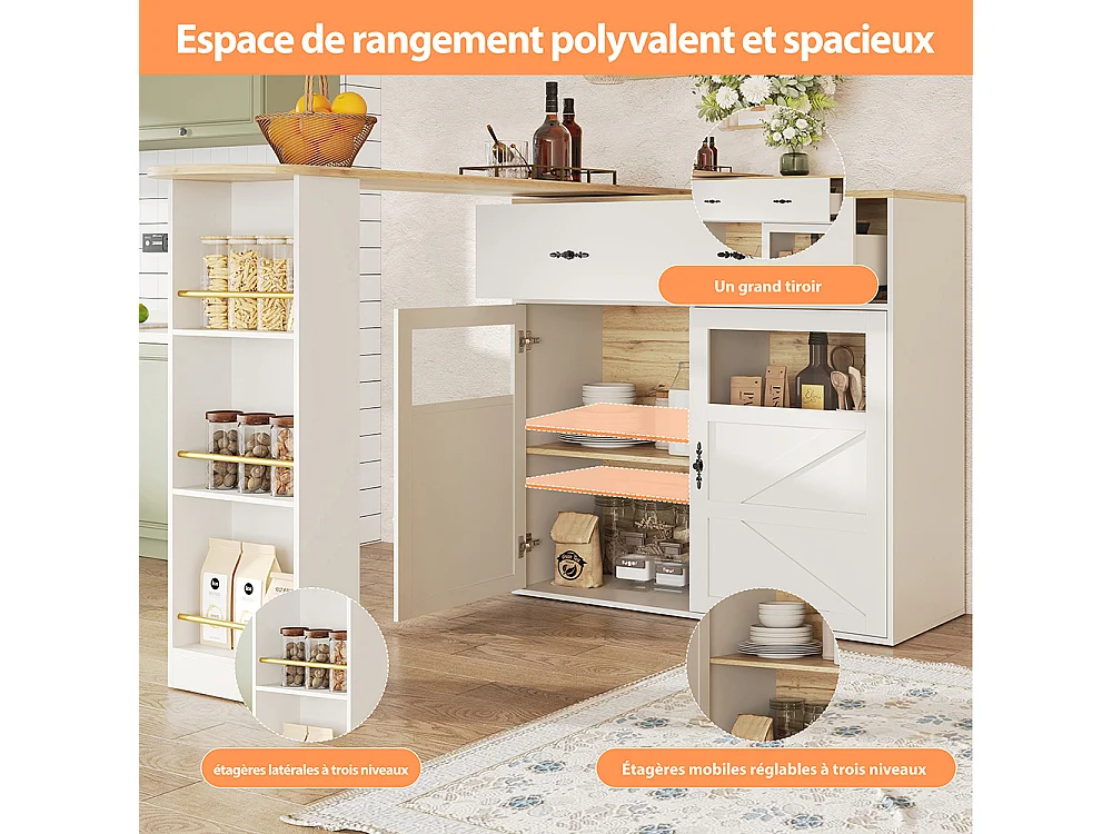 Buffet de cuisine table de bar extensible espace rangement plateau pivotant 360° moderne mobile cuisine table bistrot étagères blanc