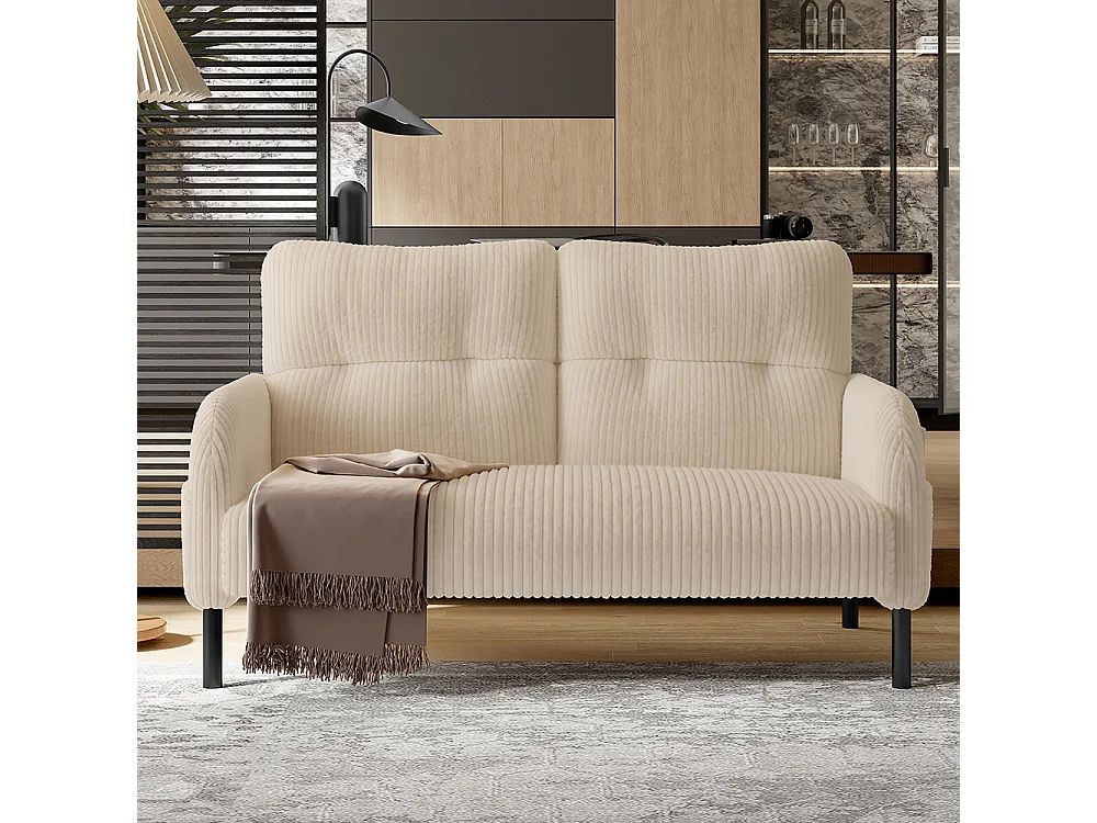 Canapé deux places velours côtelé rembourrage confortable dossier haut poches latérales pieds métal bureau maison beige