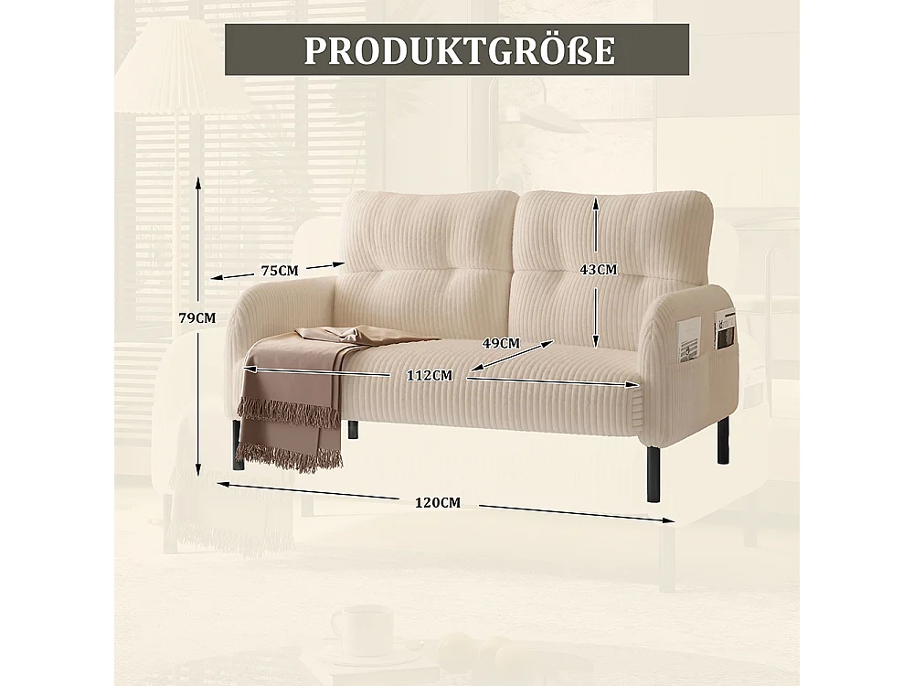 Canapé deux places velours côtelé rembourrage confortable dossier haut poches latérales pieds métal bureau maison beige