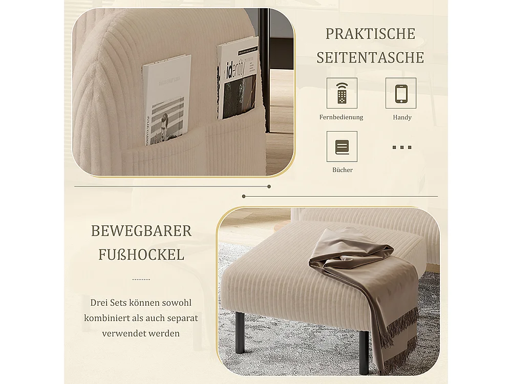 Canapé deux places velours côtelé rembourrage confortable dossier haut poches latérales pieds métal bureau maison beige