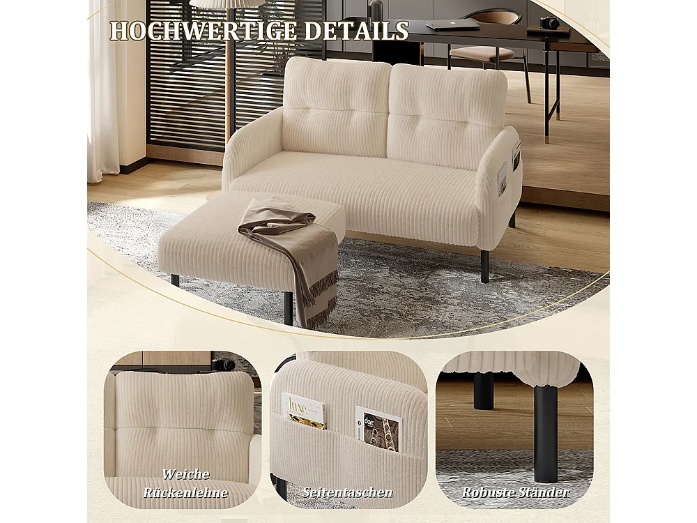 Canapé deux places velours côtelé rembourrage confortable dossier haut poches latérales pieds métal bureau maison beige