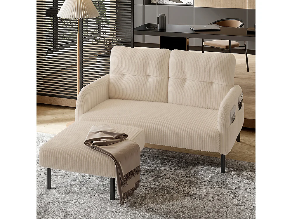 Canapé deux places velours côtelé rembourrage confortable dossier haut poches latérales pieds métal bureau maison beige