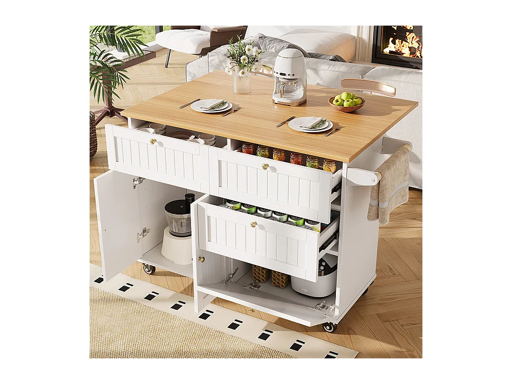Buffet de cuisine îlot de cuisine moderne veinures bois table à manger multifonctionnelle espace rangement chariot armoires extensibles blanc