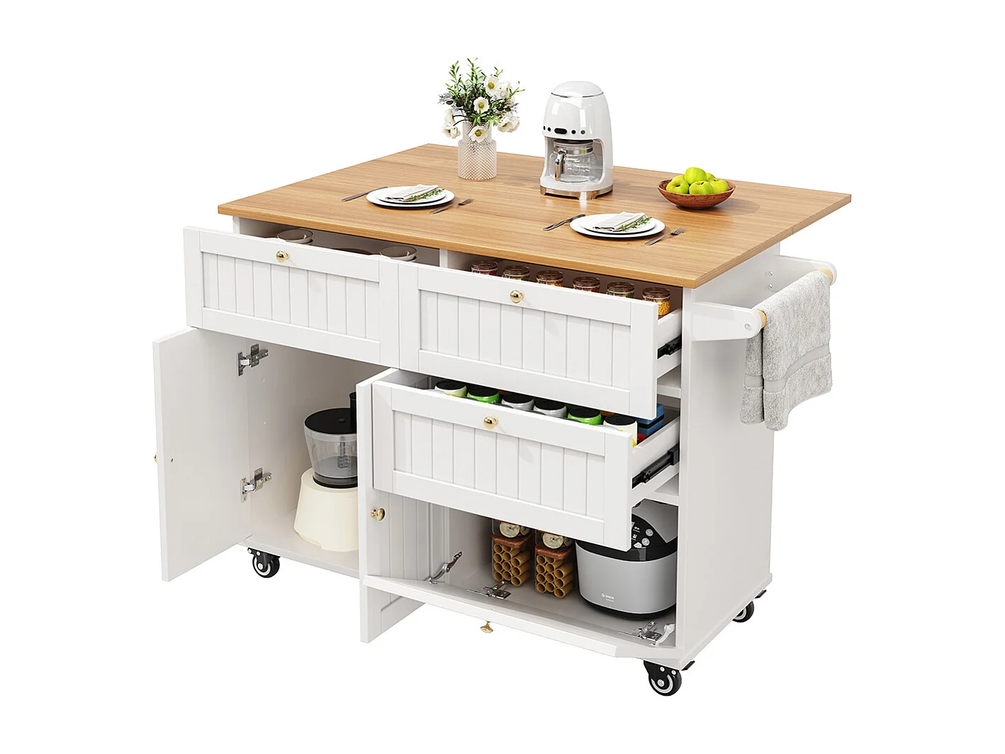 Buffet de cuisine îlot de cuisine moderne veinures bois table à manger multifonctionnelle espace rangement chariot armoires extensibles blanc