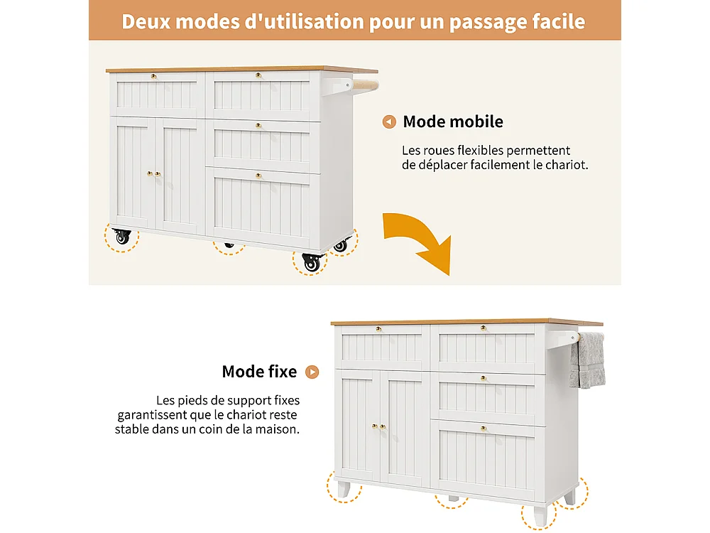 Buffet de cuisine îlot de cuisine moderne veinures bois table à manger multifonctionnelle espace rangement chariot armoires extensibles blanc