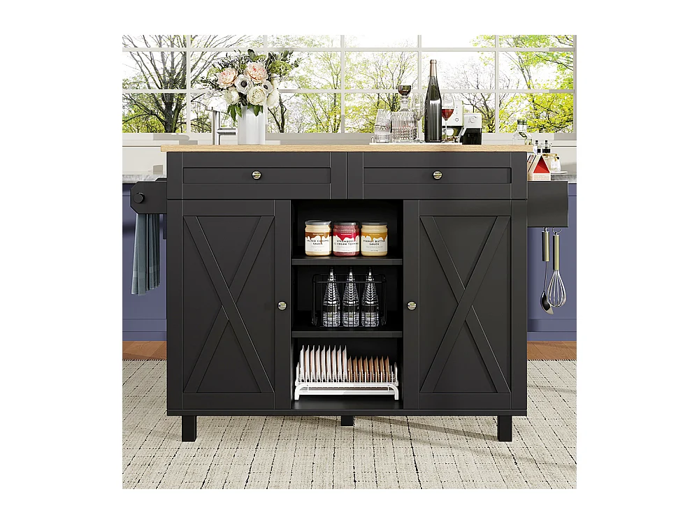 Buffet de cuisine moderne chariot service grain de bois table à manger multifonctionnelle espace rangement étagères snacks noir