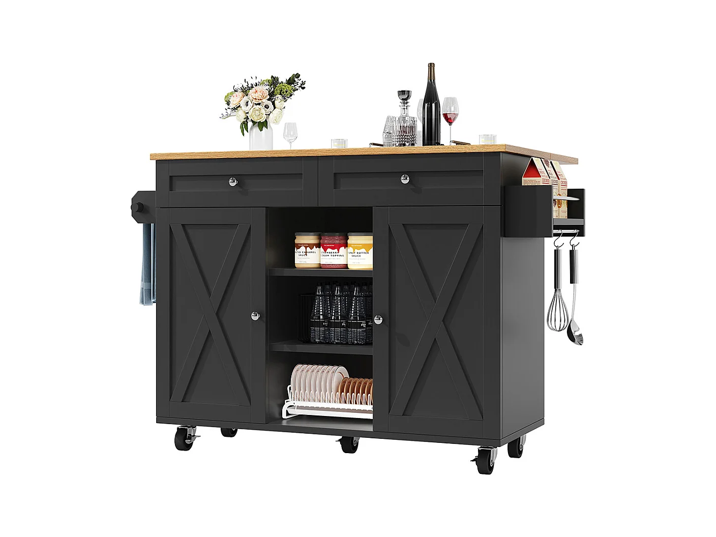 Buffet de cuisine moderne chariot service grain de bois table à manger multifonctionnelle espace rangement étagères snacks noir