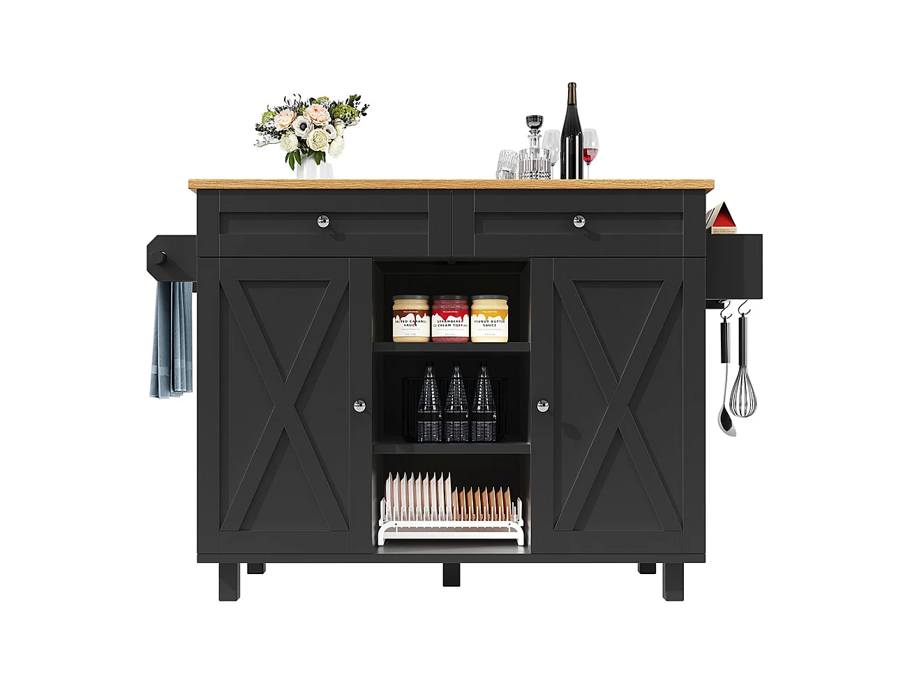 Buffet de cuisine moderne chariot service grain de bois table à manger multifonctionnelle espace rangement étagères snacks noir