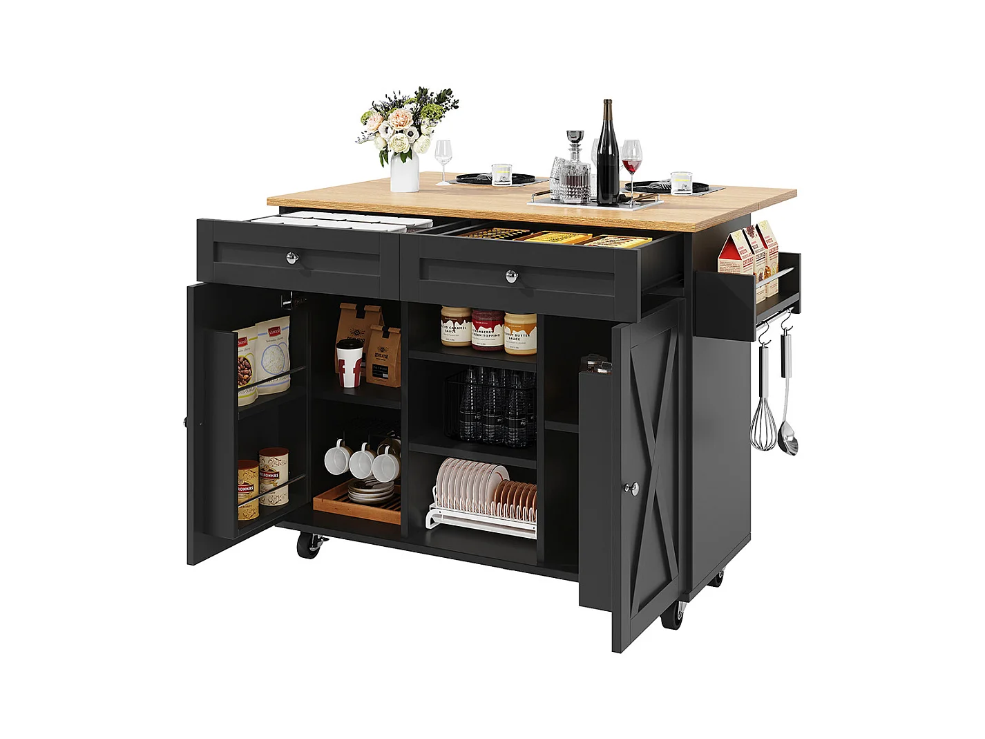 Buffet de cuisine moderne chariot service grain de bois table à manger multifonctionnelle espace rangement étagères snacks noir