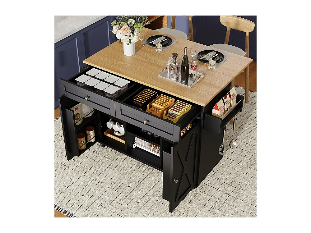 Buffet de cuisine moderne chariot service grain de bois table à manger multifonctionnelle espace rangement étagères snacks noir