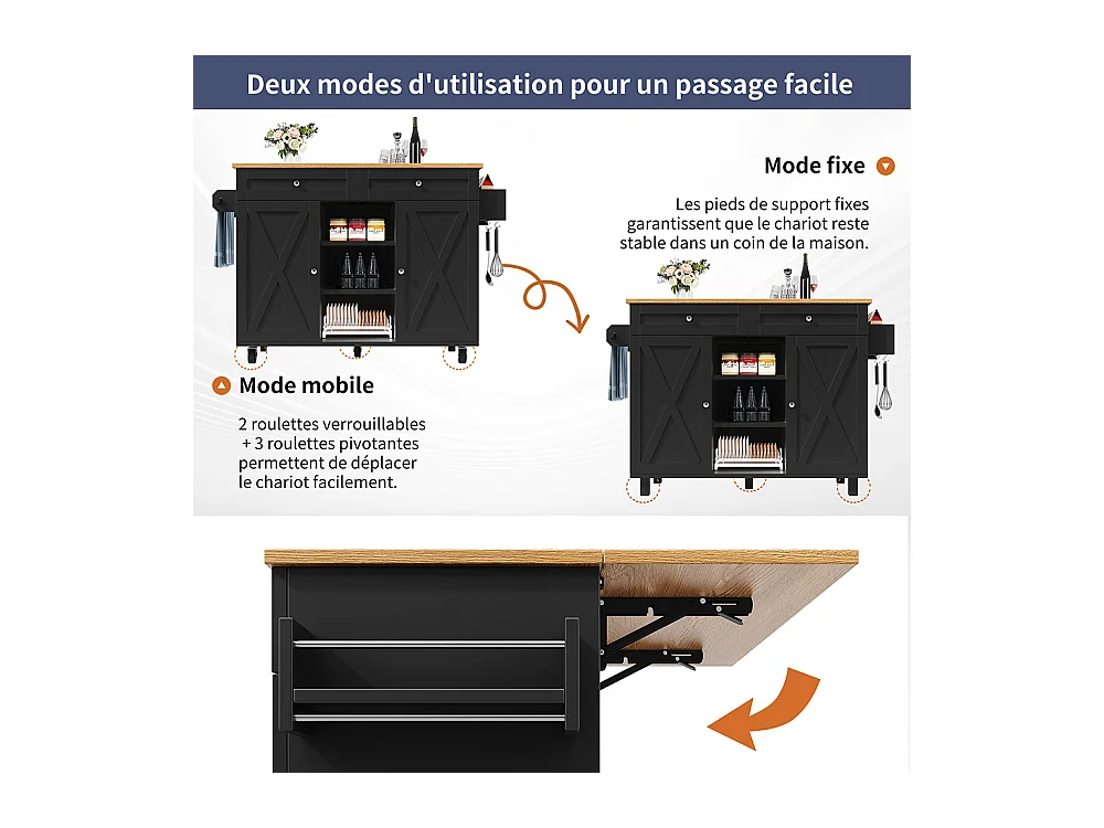 Buffet de cuisine moderne chariot service grain de bois table à manger multifonctionnelle espace rangement étagères snacks noir