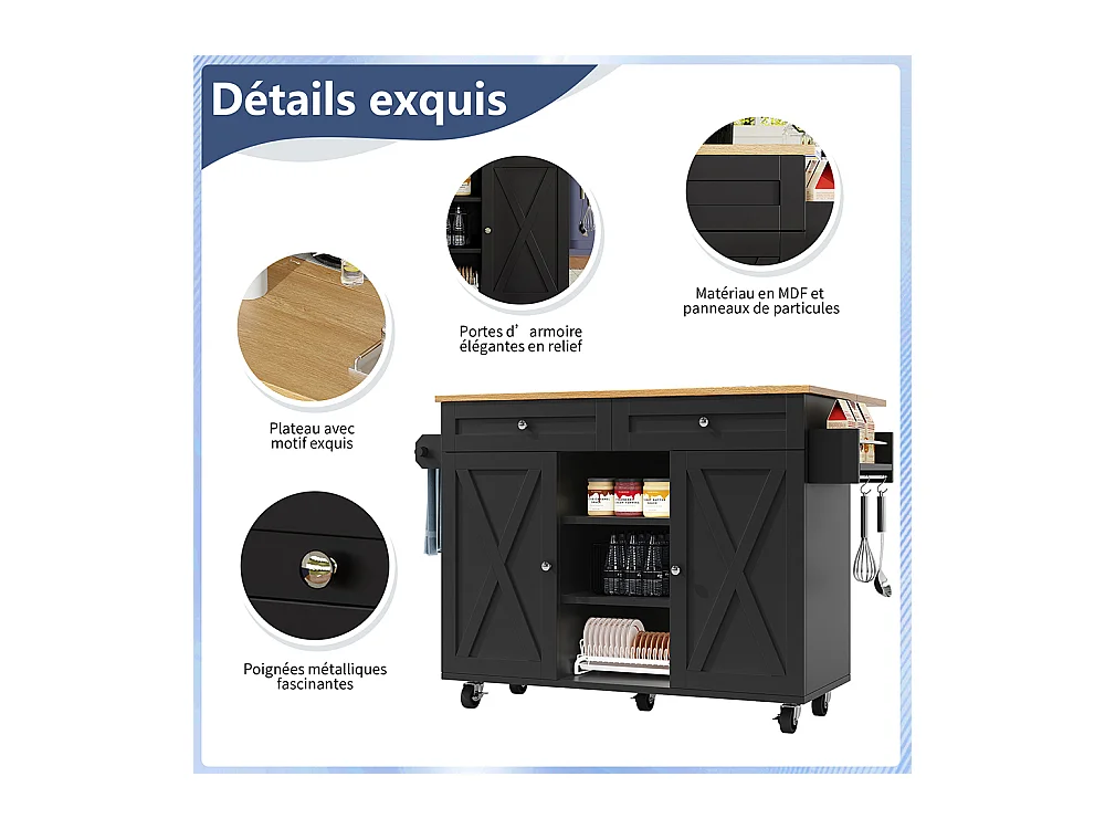 Buffet de cuisine moderne chariot service grain de bois table à manger multifonctionnelle espace rangement étagères snacks noir