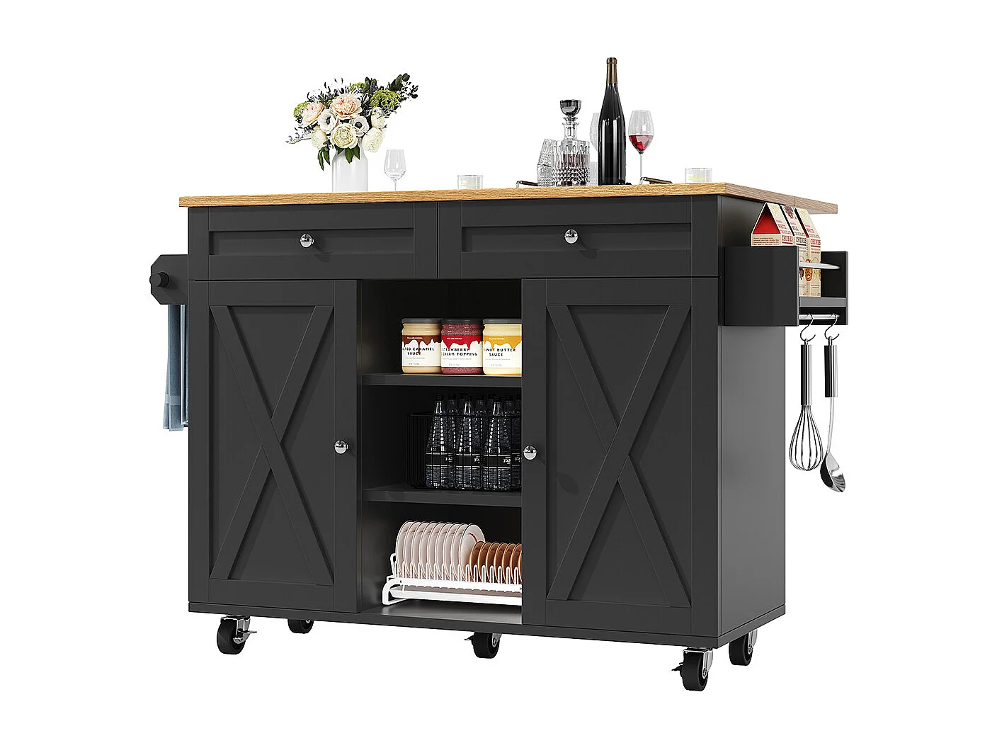 Buffet de cuisine moderne chariot service grain de bois table à manger multifonctionnelle espace rangement étagères snacks noir