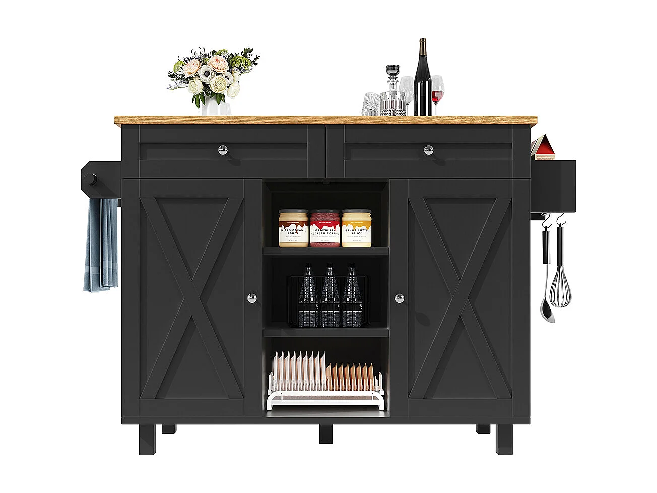 Buffet de cuisine moderne chariot service grain de bois table à manger multifonctionnelle espace rangement étagères snacks noir