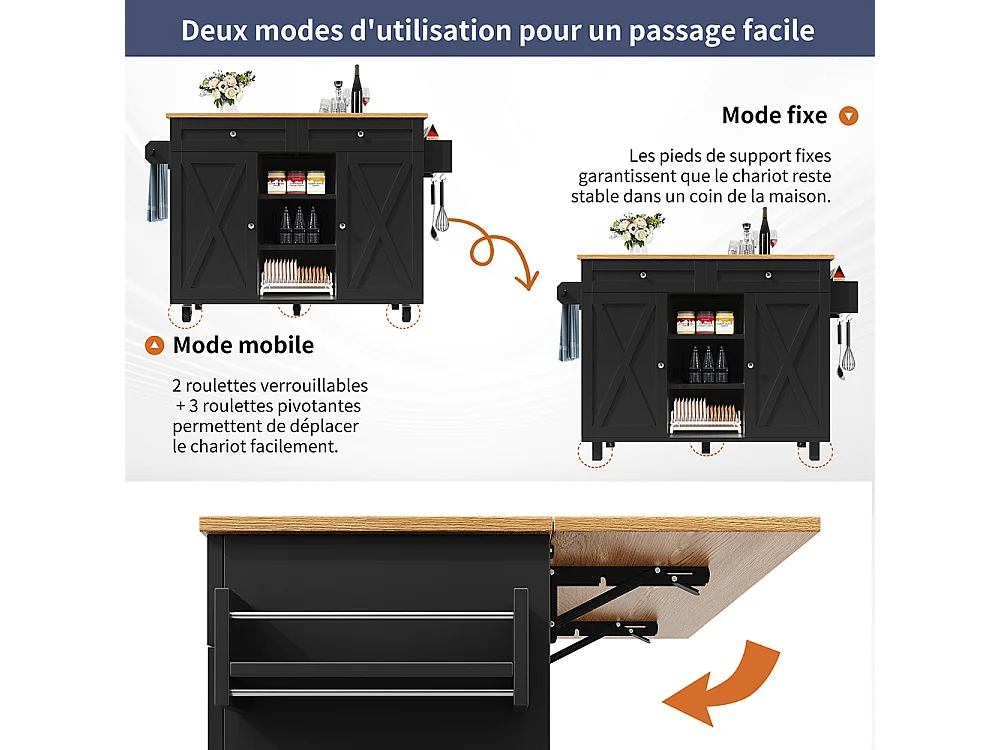 Buffet de cuisine moderne chariot service grain de bois table à manger multifonctionnelle espace rangement étagères snacks noir