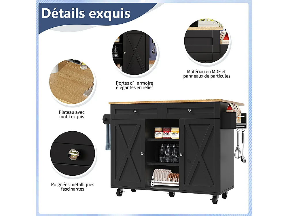 Buffet de cuisine moderne chariot service grain de bois table à manger multifonctionnelle espace rangement étagères snacks noir