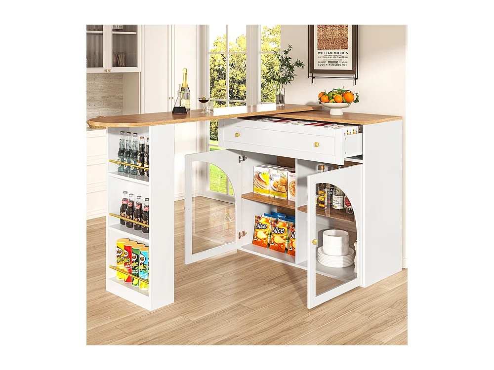 Buffet de cuisine table de bar extensible espace rangement pivotante 360° table de bar mobile moderne table bistrot étagères verre blanc