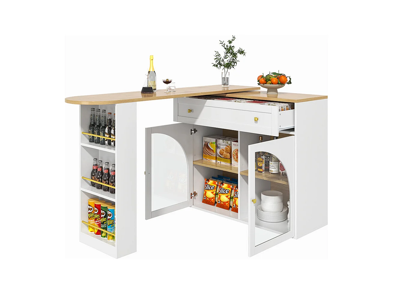 Buffet de cuisine table de bar extensible espace rangement pivotante 360° table de bar mobile moderne table bistrot étagères verre blanc