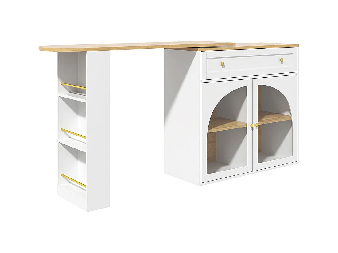 Buffet de cuisine table de bar extensible espace rangement pivotante 360° table de bar mobile moderne table bistrot étagères verre blanc