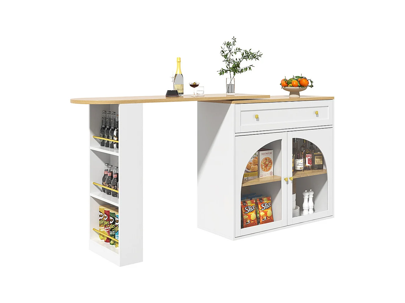 Buffet de cuisine table de bar extensible espace rangement pivotante 360° table de bar mobile moderne table bistrot étagères verre blanc
