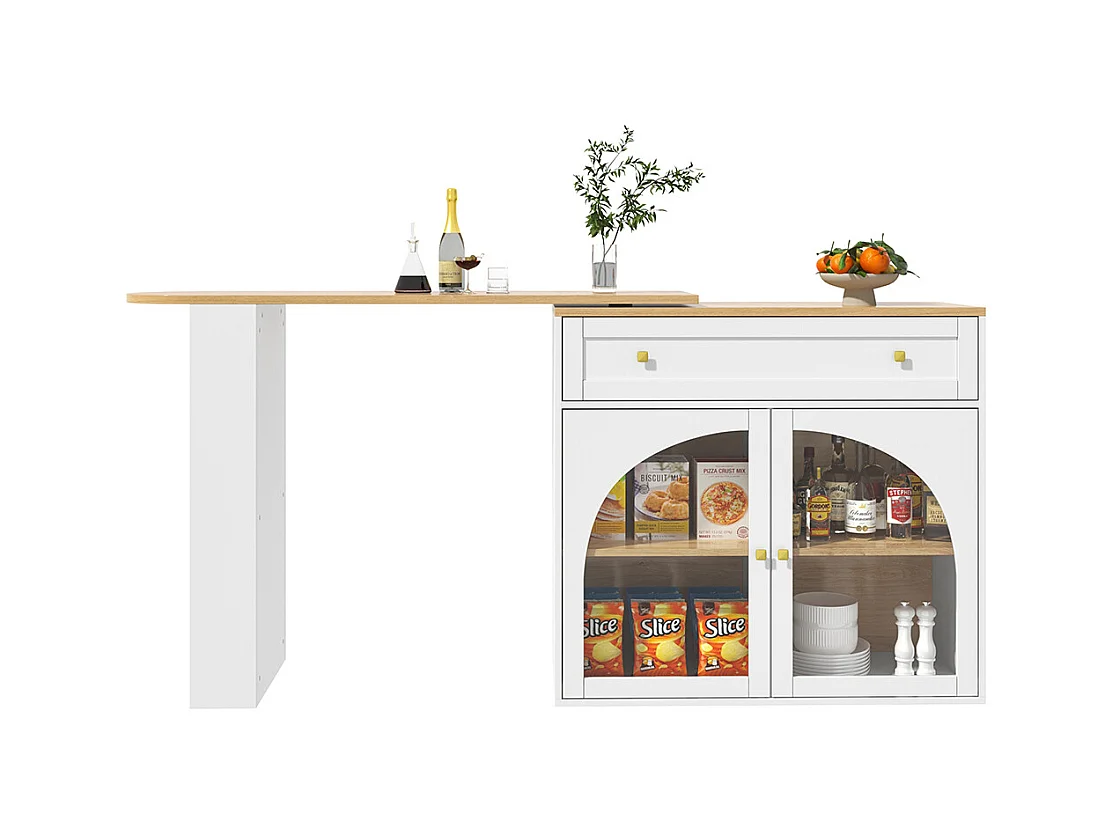 Buffet de cuisine table de bar extensible espace rangement pivotante 360° table de bar mobile moderne table bistrot étagères verre blanc