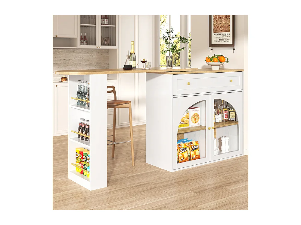 Buffet de cuisine table de bar extensible espace rangement pivotante 360° table de bar mobile moderne table bistrot étagères verre blanc