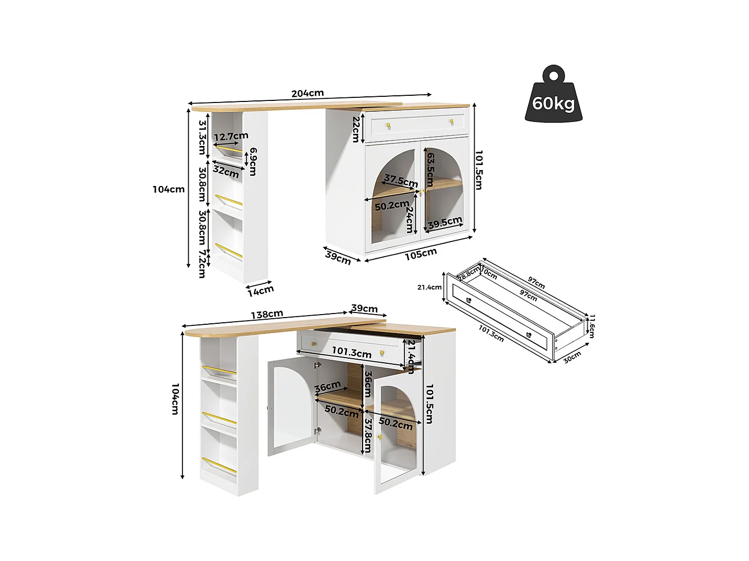 Buffet de cuisine table de bar extensible espace rangement pivotante 360° table de bar mobile moderne table bistrot étagères verre blanc