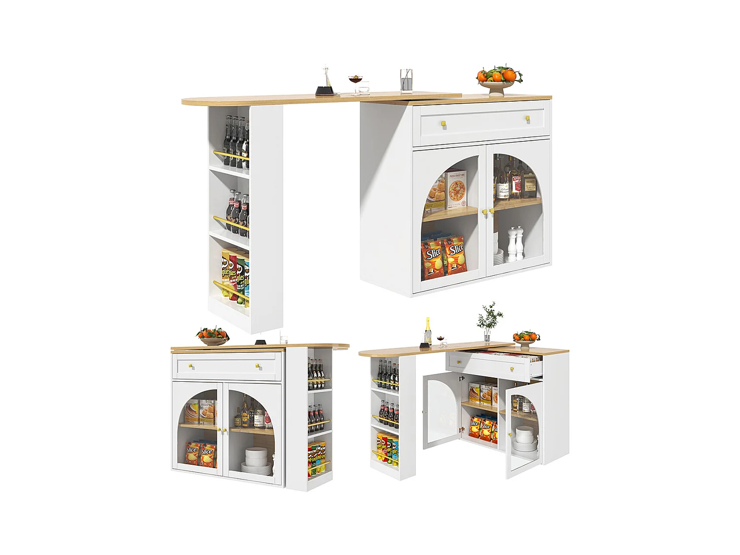 Buffet de cuisine table de bar extensible espace rangement pivotante 360° table de bar mobile moderne table bistrot étagères verre blanc